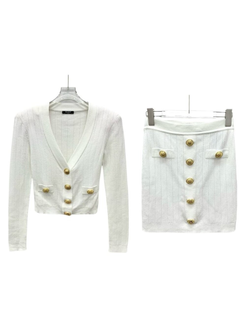 Balmain White Gold Button V-Neck Knit Set
